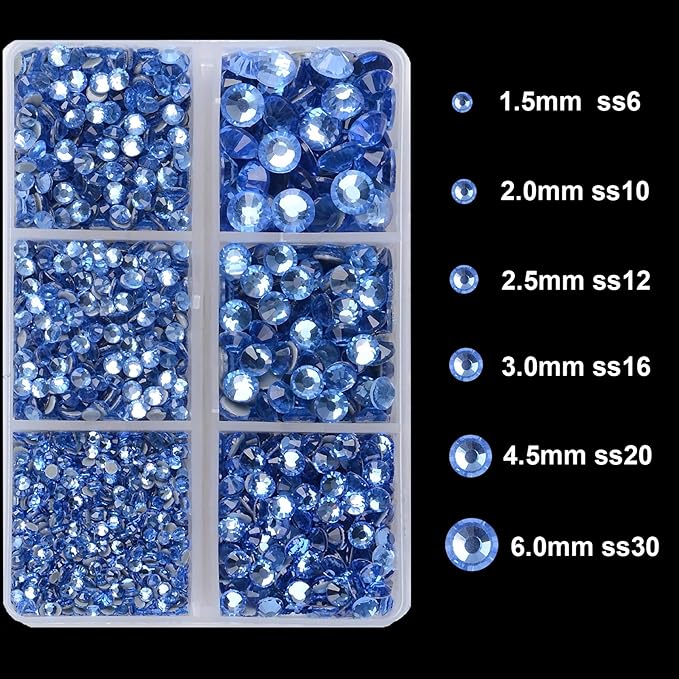 4000Pcs Mixed Size Hot Fix Round Crystals Gems Glass Stones Hotfix Flat Back Rhinestones (Light Blue)