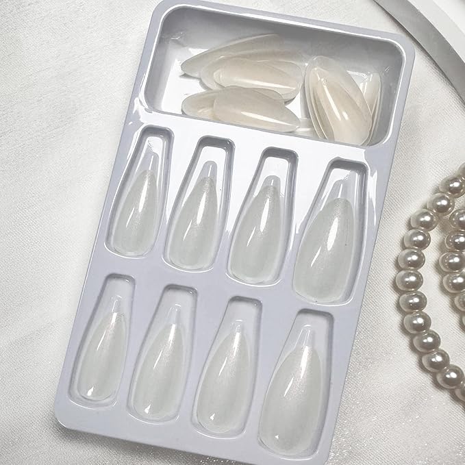 White Press on Nails - Medium Almond Fake Nails - with Designs Pearl White False Nails Press ons - Glue on Nails Chrome - Cute Acrylic Nail Artificial Stick on Nail for Women 24Pcs