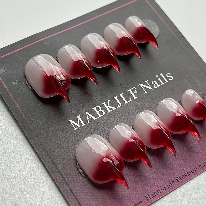 Halloween Press on Nails Luxury Short Stiletto Handmade Cat Claw Unique Reusable ABS Material Red Fake Nails Eagle Claw False Nails Gradient Glossy Glue on Nail Curved Thick Acrylic Nail(S)