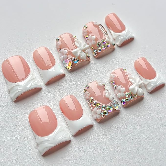 Luxury Press on Nails Short Duck Handmade 3D Unique Reusable ABS Material Fake Nails White French Tip False Nails with Designs Flower Butterfly Rhinestones Glossy Glue on Nail Thick Acrylic Nail(S)