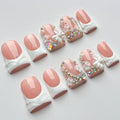 Luxury Press on Nails Short Duck Handmade 3D Unique Reusable ABS Material Fake Nails White French Tip False Nails with Designs Flower Butterfly Rhinestones Glossy Glue on Nail Thick Acrylic Nail(S)