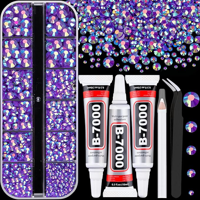 Resin Rhinestones for Crafting with 3Pcs 10ml B7000 Jewelry Glue, 1 Box Dark Purple AB Flatback Gems Crystals Diamond for Bedazzling Crafts DIY Nail Art Makeup, Gems for Clothing Tumblers Shoes