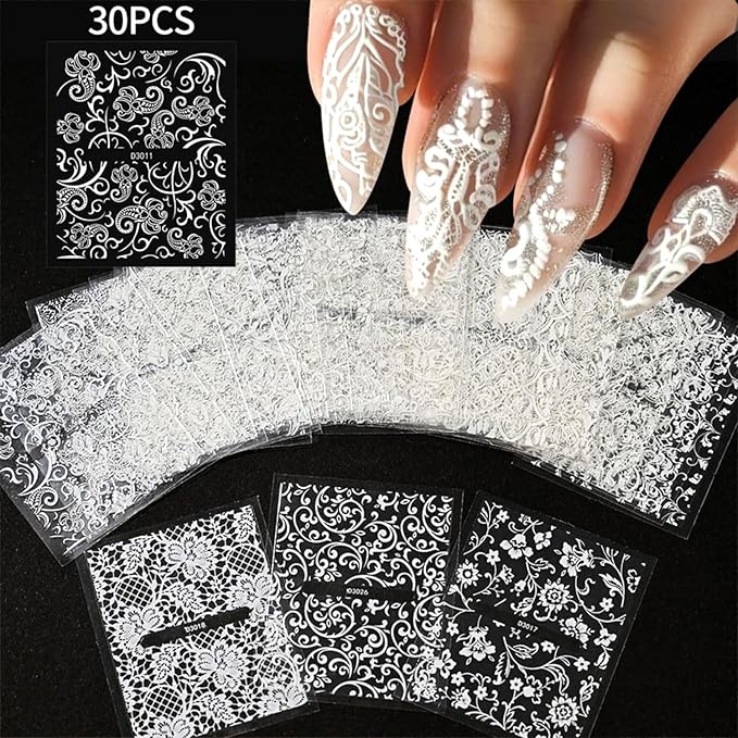 30 Sheets White Art Stickers Decals 3D Self-Adhesive LaceNail Decals Retro Flower Designs Nail Supplies Summer Nail Decoration DIY Nails Accessories for Women