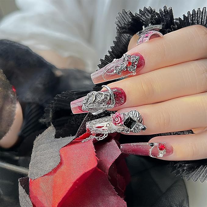 Halloween Nail Charms,60pcs Skeleton Skull Hand Cross Nail Gems with Rhinestones,Retro Gothic Metal Alloy Nail Art Jewelry Decoration for DIY Halloween Nail Design Crafts