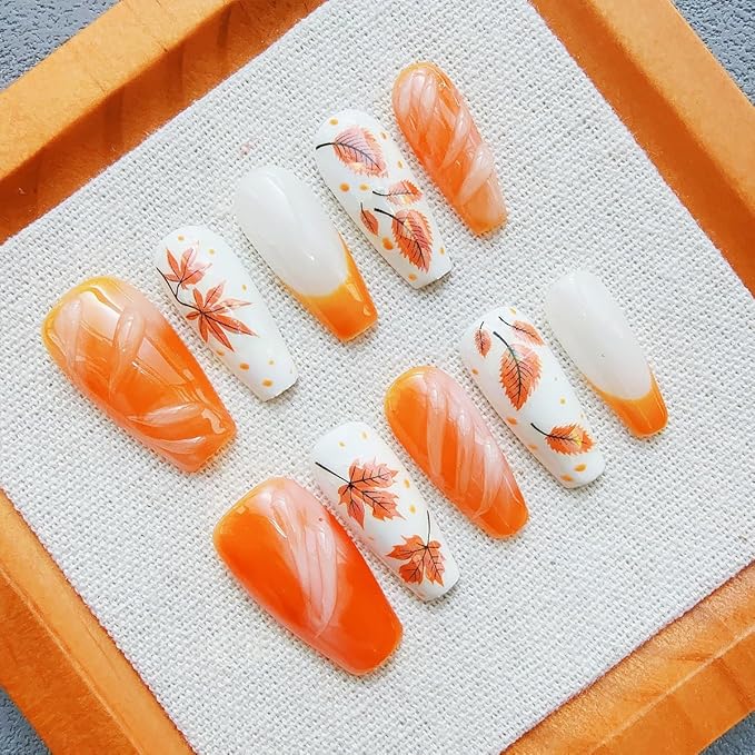 30Pcs Fall Maple Leaf Press on Nails Medium Square Fake Nails Orange French Tip False Nails with 3D Water Ripple Design Thanksgiving Holiday Artificial Stick on Nail Full Cover Glue on Nail for Women
