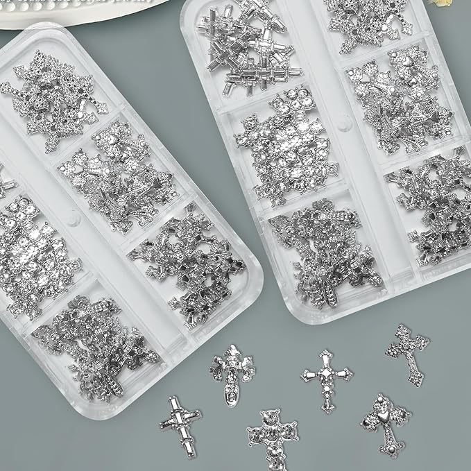 3D Alloy Metal Crystal Cross Nail Charms - 60 Pcs Ideal for Women and Girls' DIY Punk Nail Art, with Rhinestones, Great for Salons & Fashion Events (60, Silvery)