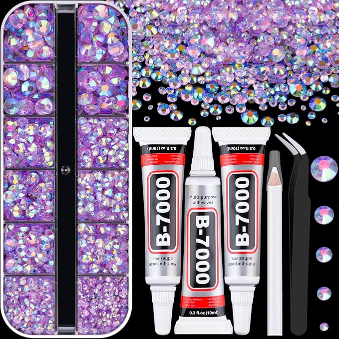 Resin Rhinestones for Crafting with 3Pcs 10ml B7000 Jewelry Glue, 1 Box Transparent Lavender Purple AB Flatback Gems Crystals Diamond for Bedazzling Crafts DIY Nail Art Makeup, Gems for Clothing