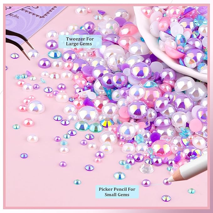 14000Pcs Flatback Pearls and Rhinestones for Crafting, Pink Purple White Mixed Size 3-8mm Resin Rhinestones and Half Pearls for Bedazzling, Nail Art with Tweezers and Pickup Pencil