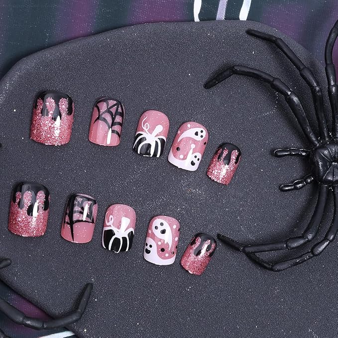 24Pcs Halloween Pink Press on Nails Short Square Fake Nails with Cute Ghost Pumpkin Spider Web Design Red Glitter False Nails Full Cover Artificial Glue on Nails Halloween Stick on Nail for Women DIY