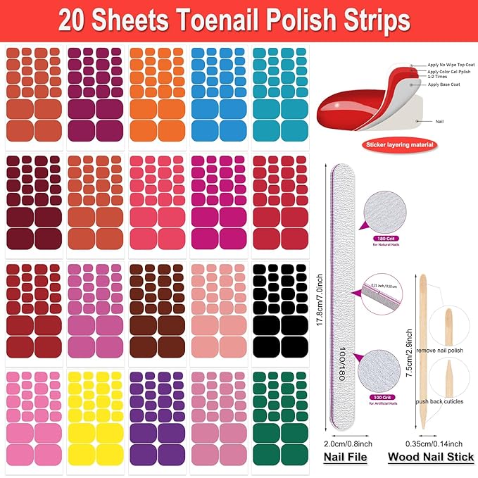 DANNEASY 20 Color Toenail Nail Stickers and Wraps - Full Nail Polish Strips with Adhesive, Gel Nail Polish, File and Cuticle Stick