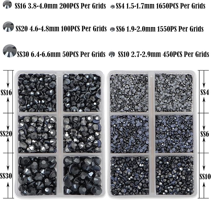 NCB Hotfix Iron on 8000pcs Crystal Rhinestones Round Gem for Crafts Decoration DIY Jewelry Making with a Tweezers and 2 Picking pens (Hematite Black, 6Sizes SS4-SS30)