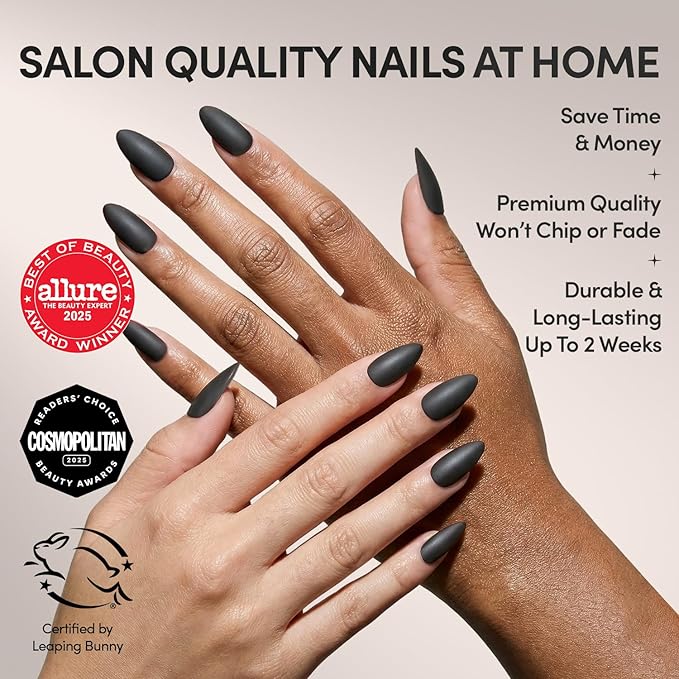 Glamnetic Press On Nails - Red Bottom | Red Accent Dual Side Medium Almond Fake Nails with a Black Matte Finish, Salon Quality Halloween Nails | 15 Sizes - 30 Nail Kit with Glue