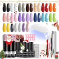 Gel Nail Polish Set With UV Light, 20 Pcs Nude Pink Blue Black White Gel Nail Polish Kit With Base Gels Top Coat and Nails Art Stickers Soak Off Sparkle Glitter Polishes Home Manicure