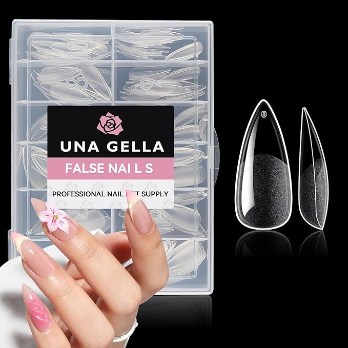 UNA GELLA Medium Stiletto Gel Nail Tips Full Cover 216Pcs Almond Shape Nails Tips Stiletto Pre Etched Soft Gel Nails Clear Fake False Nail Tip for Home Art Salon 12 Sizes