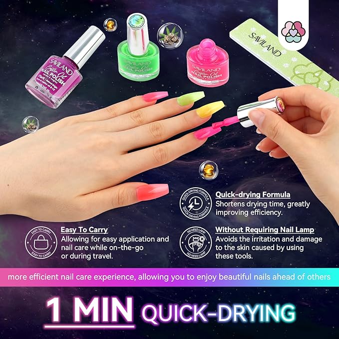 SAVILAND Glows in the Dark Nail Polish: 14 Pcs Quick Dry Nail Polish Set Neon Luminous with Base Top Nail Coat Polish Regular Hot Pink Red Blue Salon Home DIY Nail Art