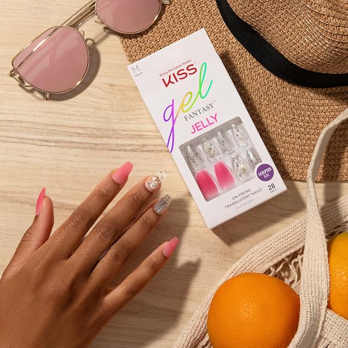 KISS Gel Fantasy Press On Nails, Nail glue included, 'Fun & Jelly', Pink, Medium Size, Coffin Shape, Includes 28 Nails, 2g glue, 1 Manicure Stick, 1 Mini File