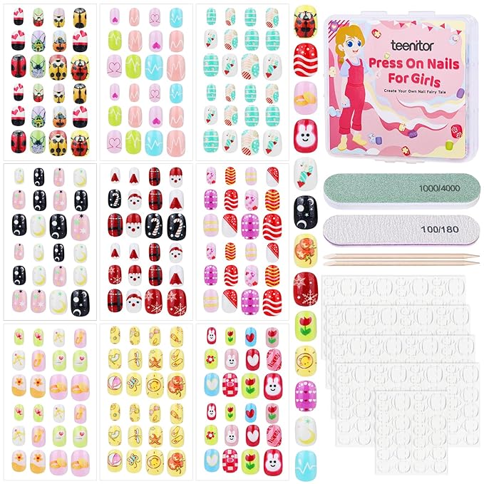 Teenitor 216pcs Press on Nails for Kids Girls Fake Nails, 9 Styles of Mini Nails for Girls Fake Nails for Kids, Christmas Press on Nails for Girls 10-12, Stick on Nails for Kids Little Girl