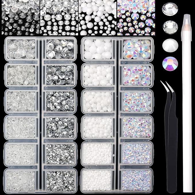 15000PCs 2-6MM White Series Resin Flat Back Rhinestones, Round Non Hotfix Jelly & Silver Bottom Resin Rhinestones Nail Gems Stones with Tweezer & Picker Pen for Nail Art Tumblers & DIY Crafts