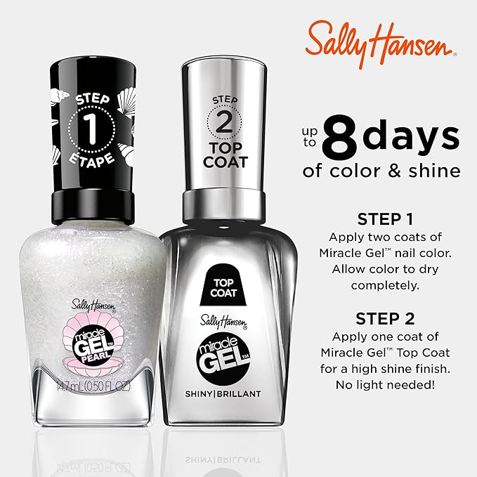 Sally Hansen Miracle Gel Pearls Salon Quality Nail Polish | Gel-Like Formula, Two-Step System, No UV Light Needed, Long Lasting | Sheer | 909 Moonlight Mist | Light Gray Shimmery Nail Polish
