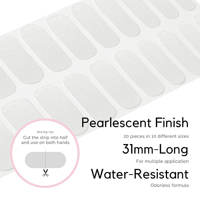 NAILOG Semi Cured Gel Nail Strips (20 Extra Long Stickers/Wraps) | Buy 2 Get 1 UV Lamp| Glossy & Long Lasting Soft Gel Finishing | Pearl White