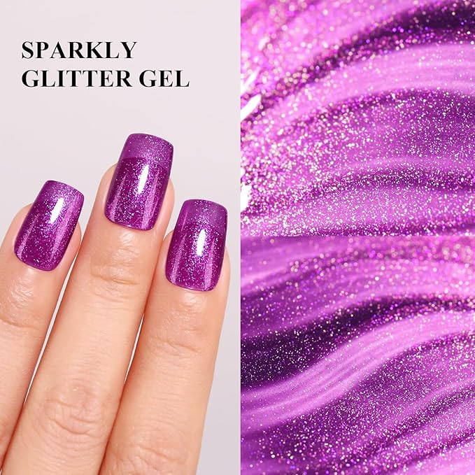 Imtiti Glitter Gel Nail Polish, 0.5 Fl Oz Purple Iridescent Glitter Gel Polish Soak Off LED UV Rainbow Shimmer Sparkle DIY Nail Art Starter Manicure Salon