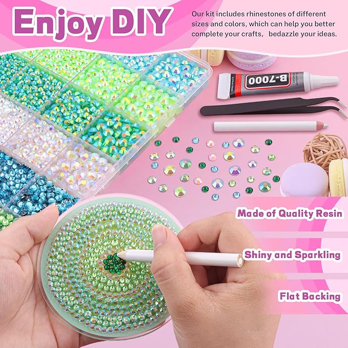 20000Pcs Green Rhinestones for Bedazzling with 3Pcs B7000 Jewelry Glue, Resin Rhinestones for Crafting Crafts，Bedazzler Kit Flatback Gems for Clothing Shoes Tumblers Nail Art