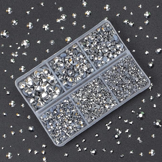 4000Pcs Mixed Size Hot Fix Round Crystals Gems Glass Stones Hotfix Flat Back Rhinestones (Labrador Silver)