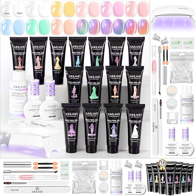 SAVILAND Hema-Free Poly Gel Nail Kit for Beginner :15 Poly Gel Colors Kit for 4 Weeks Lasting, Clear White Pink Sheer Cat Eye with U V Lamp Slip Solution for Quick Nail Extensions Travel Party Art DIY