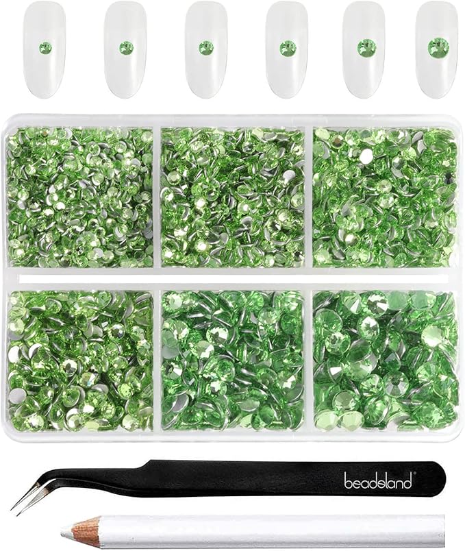 Beadsland 4300pcs Flatback Rhinestones, Light Green Nail Gems Round Crystal Rhinestones for Crafts, Mixed 6 Sizes with Picking Tweezers and Wax Pencil Kit, SS6-SS20, Peridot/Light Green