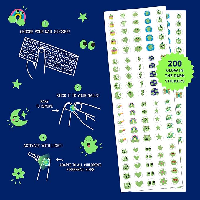 Omy Glow in The Dark Nail Stickers for Kids - 200 Stickers, Waterproof, Durable, Fun, Creative Designs | Strong Enough to Last Through Hand Washing - Easy to Apply, Safe, Non-Toxic | Age 3 and Up