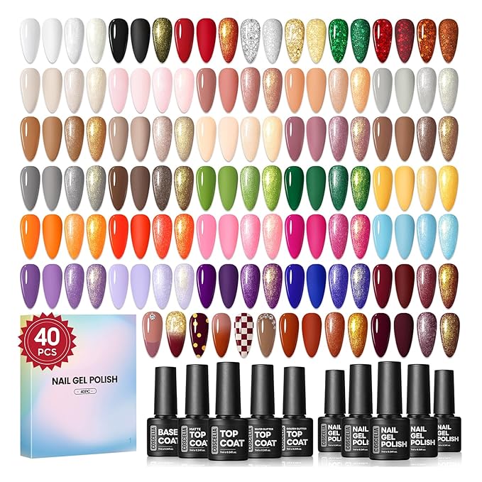 COSCELIA 40pcs Gel Nail Polish Set, 35 Colors Gel Polish with 5 Top Base Coat Red Nude Pink Glitter All Seasons Colors Nail Art Manicure Kit Salon DIY at Home Valentines Day Gifts for Women
