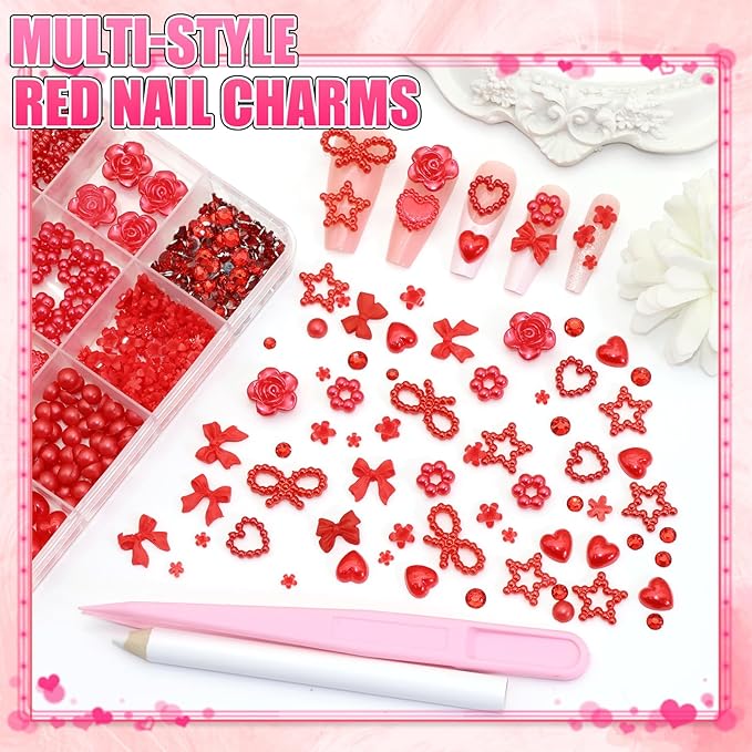 BELICEY Valentines Red Heart Nail Charms Cute Resin Bows Flowers Star Nail Art Charms Flatback Nails Rhinestone and Gem Nail Pearls for DIY Manicure Jewelry for Women Accessories Supplies