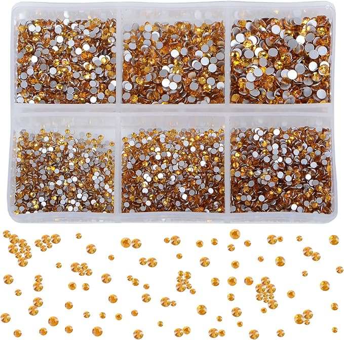 Bymitel 7200 Pieces 6 Mixed Sizes Glue Fix on Glass Rhinestones Round Crystal Gems Flatback for DIY Jewelry Making with one Picking Pen (6-Sizes 7200PCS, Topaz)