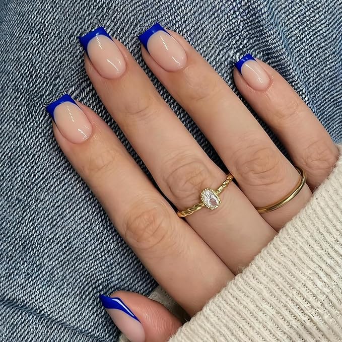 Dark Blue Semi Cured Gel Nail Strips French Tip 20Pcs Clear UV Gel Nail Stickers Glossy Nails Polish Strips UV/LED Light Needed Self Adhesive Full Polish Nails Wraps for Women