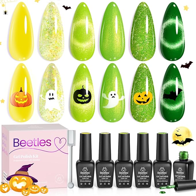 Beetles Green Gel Nail Polish Set - 6 Colors Cat Eye Sparkle Glitter Yellow Flash Lime Starter Kit with Magnet UV LED Needed Spring Summer St Patricks Gifts for Women DIY at Home Salon