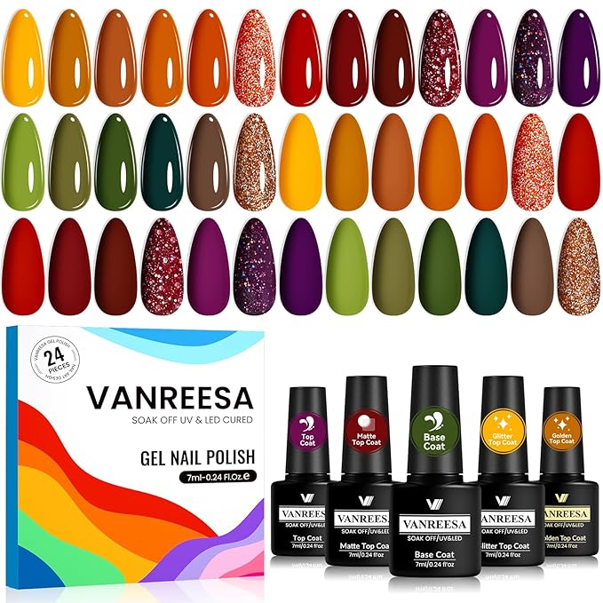 VANREESA 24 Pcs Fall Gel Nail Polish Set -Fall Colors Gel Polish with Base Coat & 4 Effects of Top Coat Orange Yellow Red Green Purple Brown Gel Polish Set Nail Kit Gifts for Women Girls DIY at Home