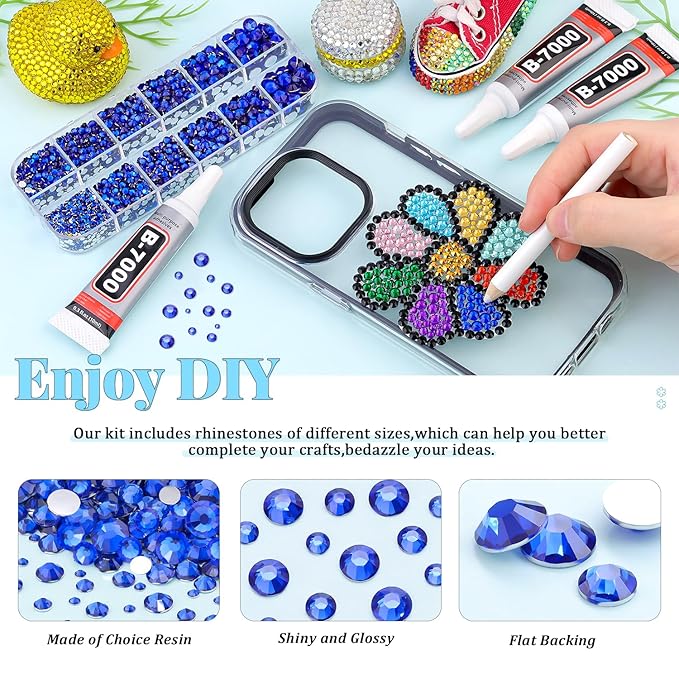 6000Pcs Resin Rhinestones for Bedazzling with 3Pcs B7000 Jewelry Glue, 1 Box Royal Blue Flatback Rhinestones for Crafting Crafts DIY, Crystals Gems for Clothing Shoes Tumblers Nail Art Makeup