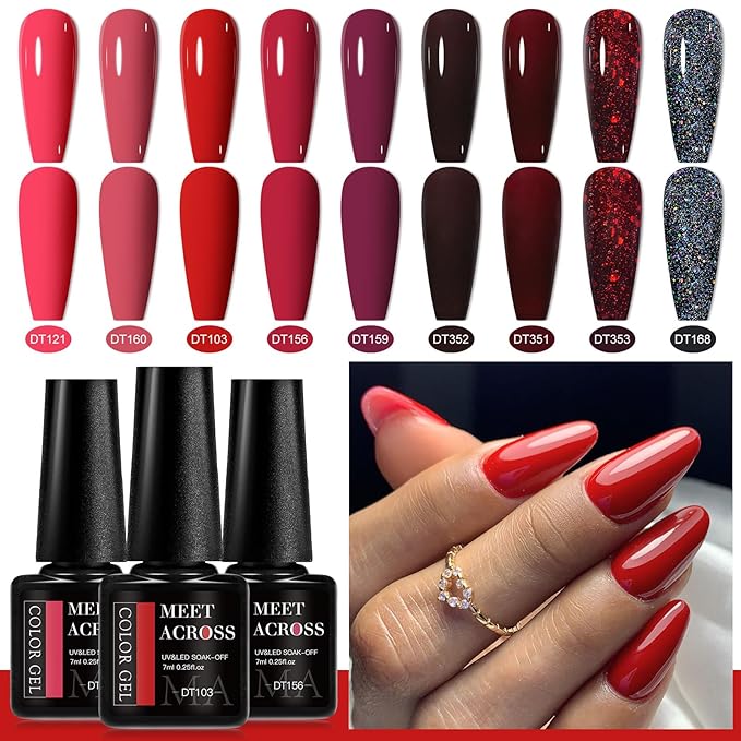 MEET ACROSS 9 Colors Gel Nail Polish + 3PCS Function Gel Nail Polish Kit,Fashion Nail Art Set Design Gifts for Women Manicure Salon (SET1, 12pcs)