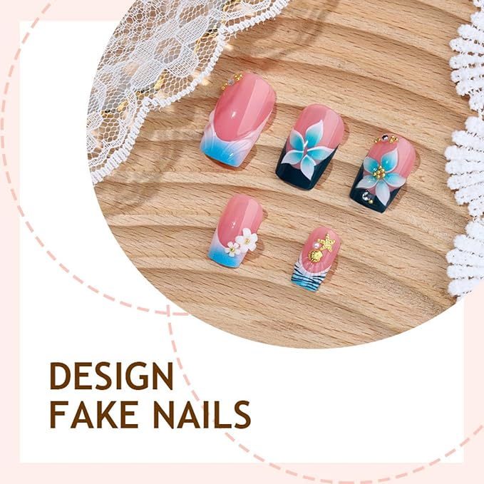 Square Press on Nails Medium Fake Nails Blue Artificial Nail French Flowers with Gold Charm Designs Stick on Nail for Women 24pcs