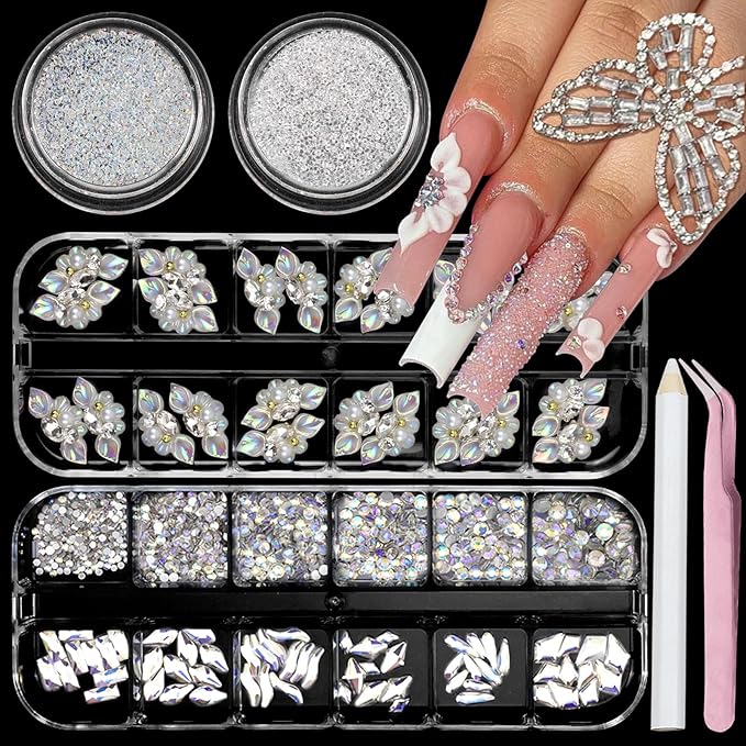 Rhinestones for Nails, Flatback Multi Shape Gems 3D Flowers Nail Charms Mixed Nail Glitter Powder Supplies Moonlight Crystal Jewelry Accessories for Women Manicure Decorations Design