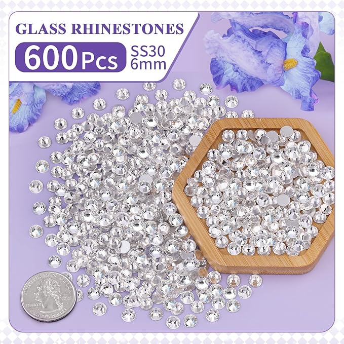 600PCS SS30/6mm Crystal Rhinestones (Clear) with 2Pcs 10ml B7000 Jewelry Glue, Bedazzling Flatback Glass Rhinestones for Crafting Decor, Gems Diomand Charms for Tumbler Shoes Clothing Mugs Nail Art