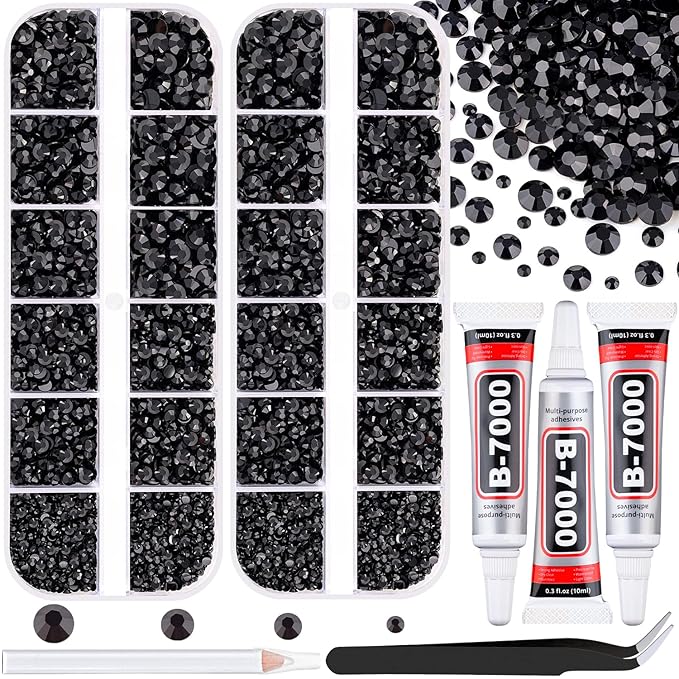 12100Pcs Black Rhinestones for Crafting with 3Pcs 10ml B7000 Jewelry Glue, 2 Boxes Flatback Black Gems Resin Crystals Diamond for Bedazzling Crafts DIY Nail Art Makeup, Gems for Clothing Shoes