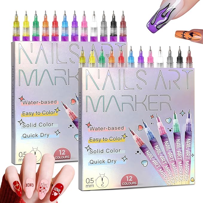 12 Color Nail Art Pens, 2026 Upgrade 0.5 MM Nail Polish Pens Drawing Painting Point Liner Acrylic Painted Pen Kit, DIY Nails Art Design Manicure Tools Christmas Gifts (2 Set)