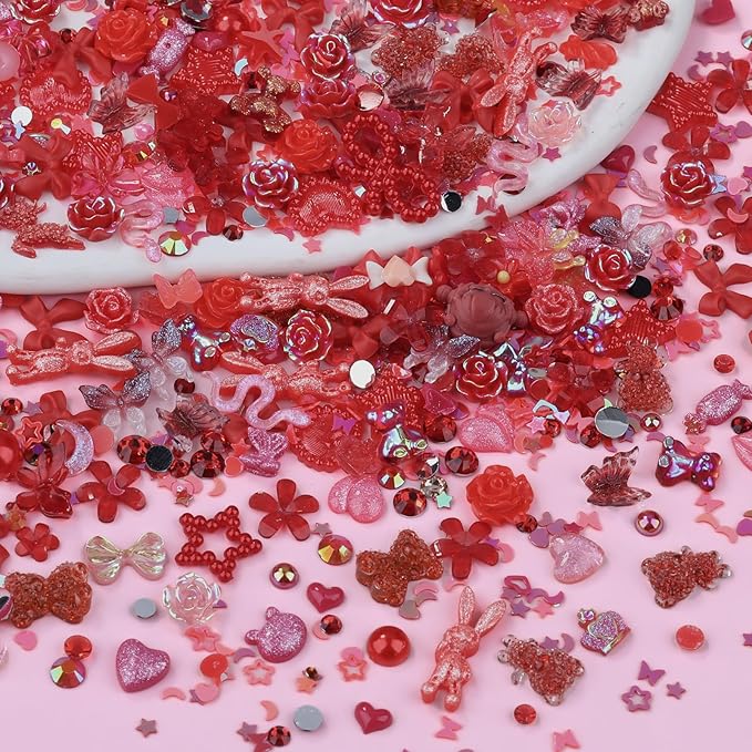 100 Pieces 3D Resin Butterfly Bear Nail Charms Rose Flower Peach Skirt Bow Deer Snake Rabbit Animal Shaped Nail Art Rhinestones Pearls for DIY Nail Art Decoration Making Craft (Red)