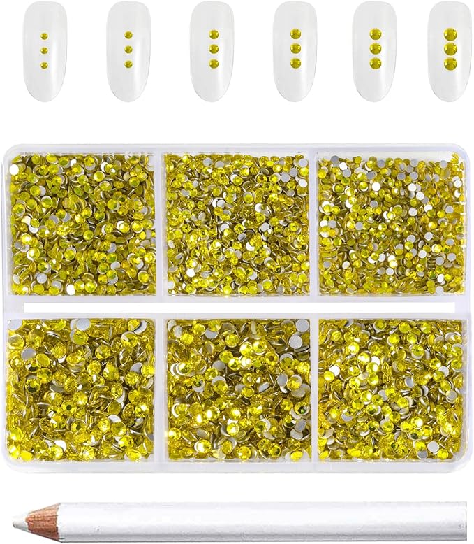 Beadsland 7200pcs Flatback Rhinestones,Yellow Rhinestone Nail Gems Round Crystal Rhinestones for Crafts,Mixed 6 Sizes with Wax Pencil Kit, SS3-SS10,Citrine/Lemon Yellow