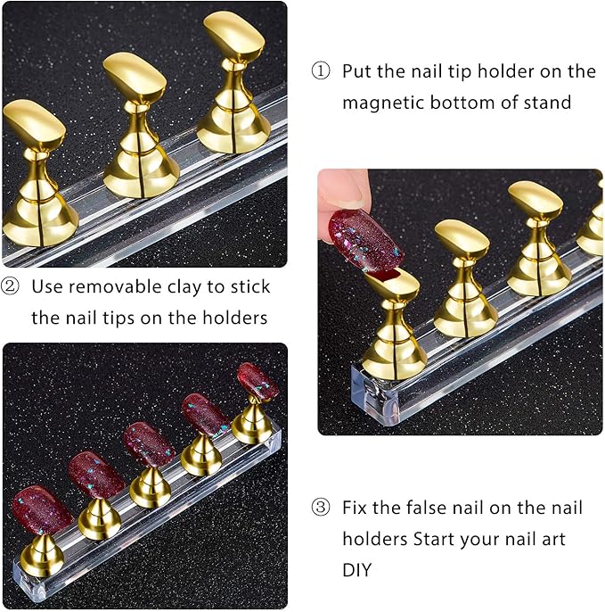 Blulu 2 Sets Nail Stand for Press on Acrylic Nails Display Practice Magnetic Fake Nail Holder for Painting Nails for False Fingernail Manicure Tool Home DIY Salon Supplies(Gold)