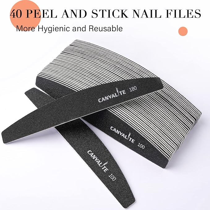 Canvalite 40 PCS Nail File 100/180 Grit Peel and Stick Nail Files Replaceable Emery Boards Reusable Nail File for Acrylic Nails Professional for DIY Salon Use