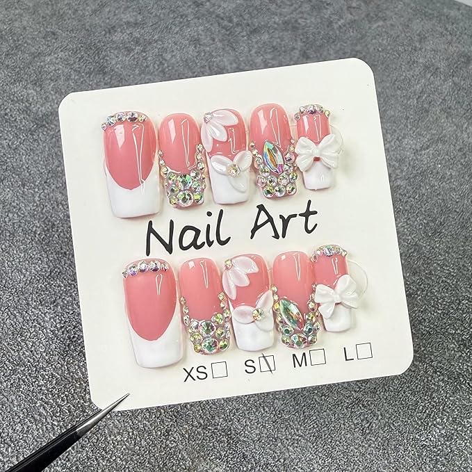 Luxury Rhinestone Medium Square Press on Nails Handmade 3D Flower Art Fake Nails Sparkly Glossy Design White French Thick False Nails Muti-Layer Gel Stick on Acrylic Nail for Women 10Pcs (Size M)