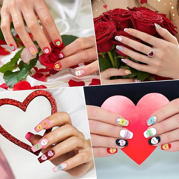 Eartim Valentine's Day Mean Conversation Heart Nail Sticker - 8 Sheets Colorful Sweet Heart Nail Art Sticker Waterproof Self-Adhesive Decorative Decal for Women Valentines DIY Manicure Accessories