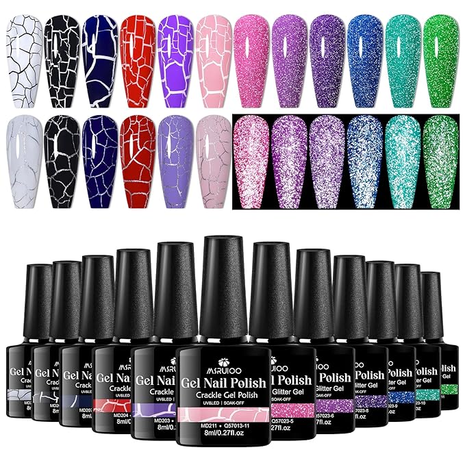 12 Colors Crackle Gel Nail Polish Reflective Glitter Neon Gel Polish Set Pink Blue Soak Off Uv Led Nail Polish Kit 8ml (Cracked Nail Polish + Glitter Gel Polish)